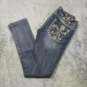Miss Me Jeans 26 (Actual 29x30) Signature Skinny Fleur De Lis Distressed Stretch